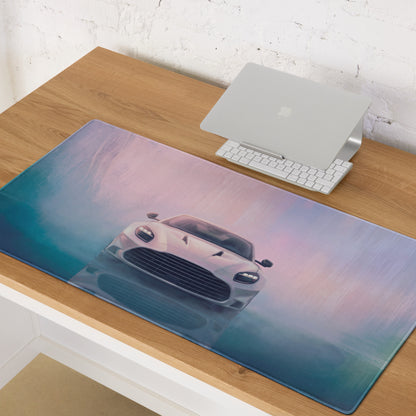 Aston Martin Vantage inspired pearl white sports car illustration on a glossy rectangular ultra-glide stitched edge desk pad