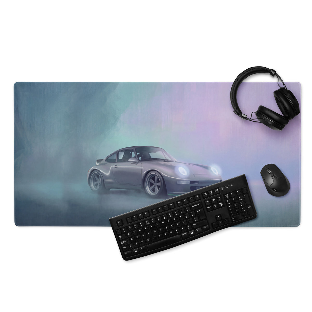 Silver porsche 911 sports car graphic on a misty blue purple gradient porsche 911 inspired silver 993 widebody gaming mousepad