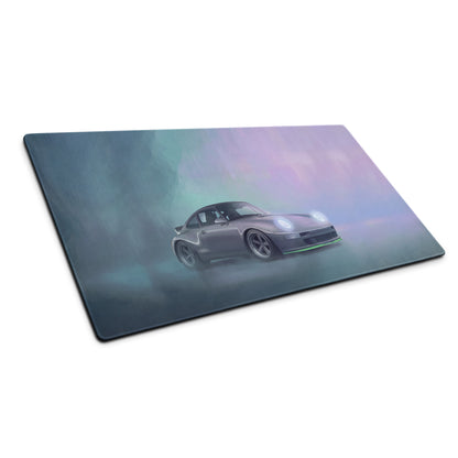 Rectangular high precision xl gaming mousepad with sleek dark gray porsche 911 sports car on teal and lavender gradient background