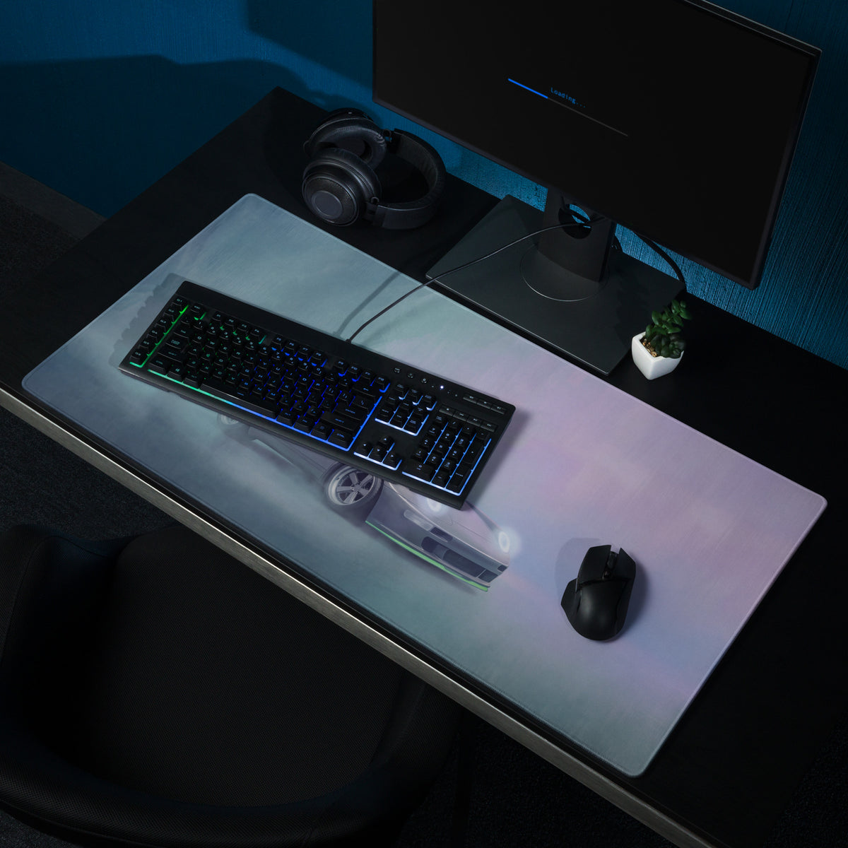 Porsche 911 inspired silver 993 widebody xl gaming mousepad with translucent glossy finish and blue illuminated car design