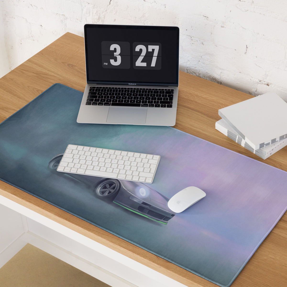 A sleek rectangular xl gaming mousepad with gradient sky-blue to lavender design featuring a black porsche 911 inspired silver 993 widebody illustration