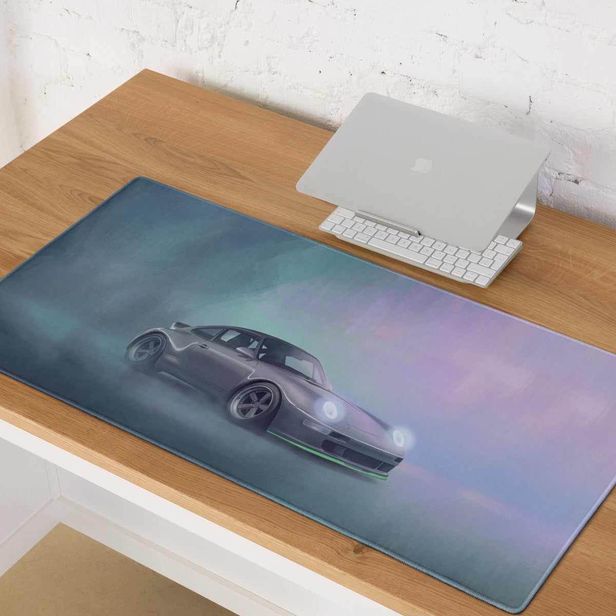 Porsche 911 inspired silver 993 widebody xl gaming mousepad featuring a dark gray porsche 911 with glowing headlights