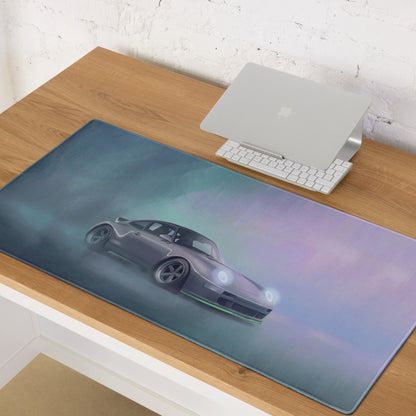 Porsche 911 inspired silver 993 widebody xl gaming mousepad featuring a dark gray porsche 911 with glowing headlights