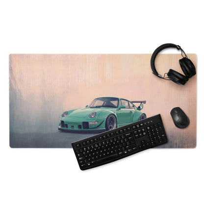 Porsche 911 Inspired Mint Green Widebody GT Wing Desk Mat – Low-Friction Cloth Setup Mousepad