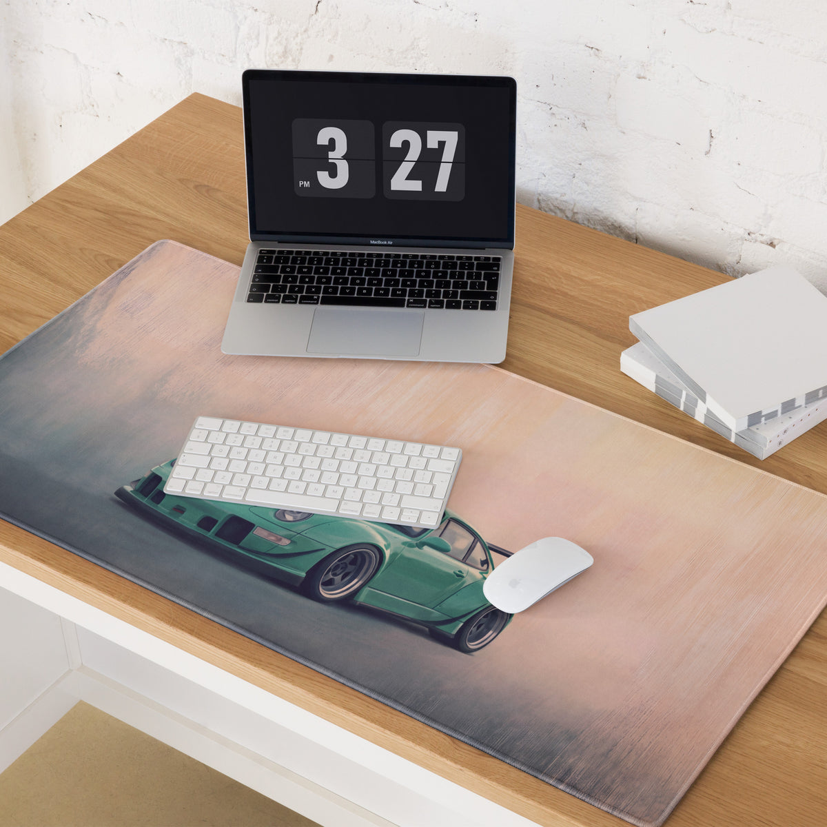 Porsche 911 Inspired Mint Green Widebody GT Wing Desk Mat – Low-Friction Cloth Setup Mousepad