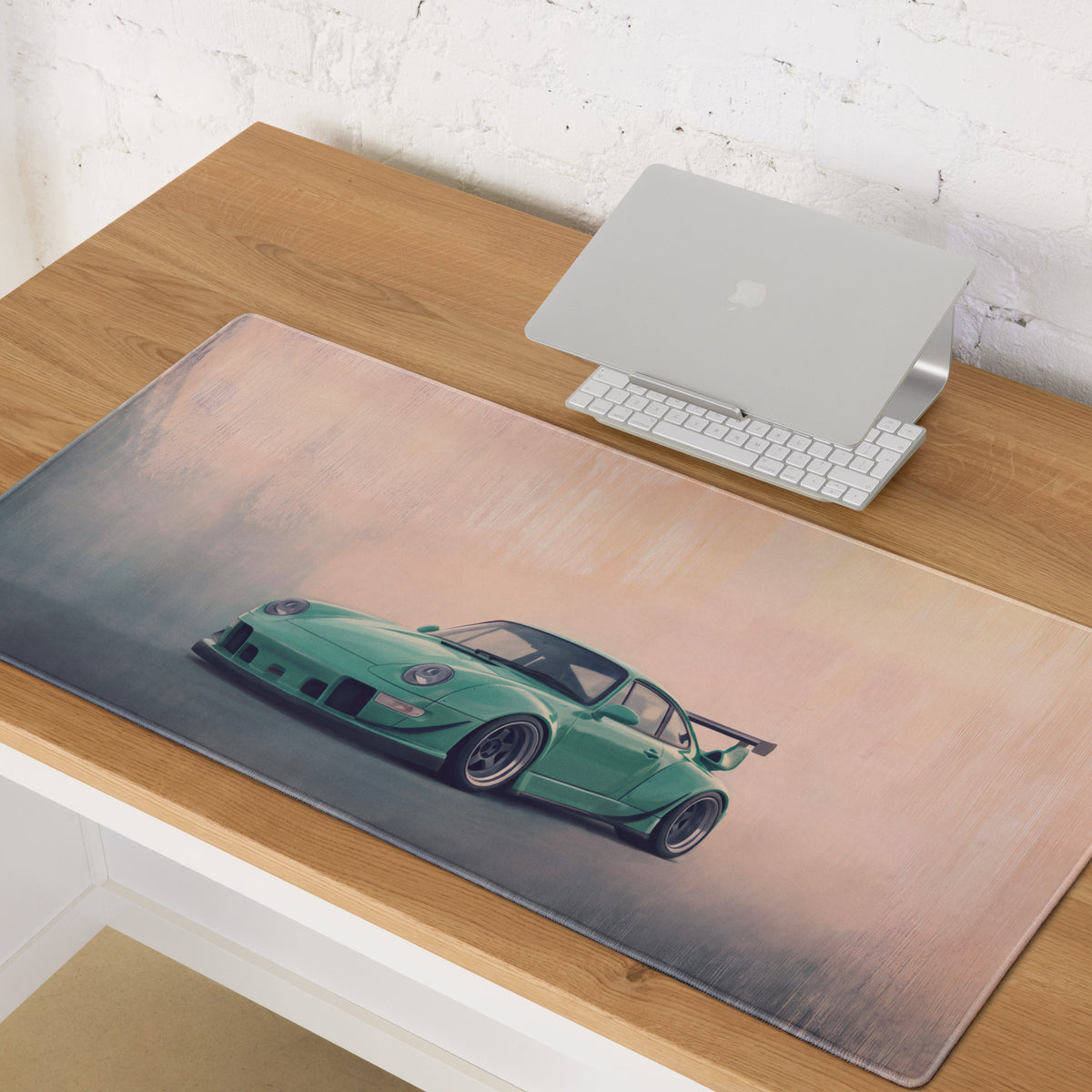 Porsche 911 Inspired Mint Green Widebody GT Wing Desk Mat – Low-Friction Cloth Setup Mousepad