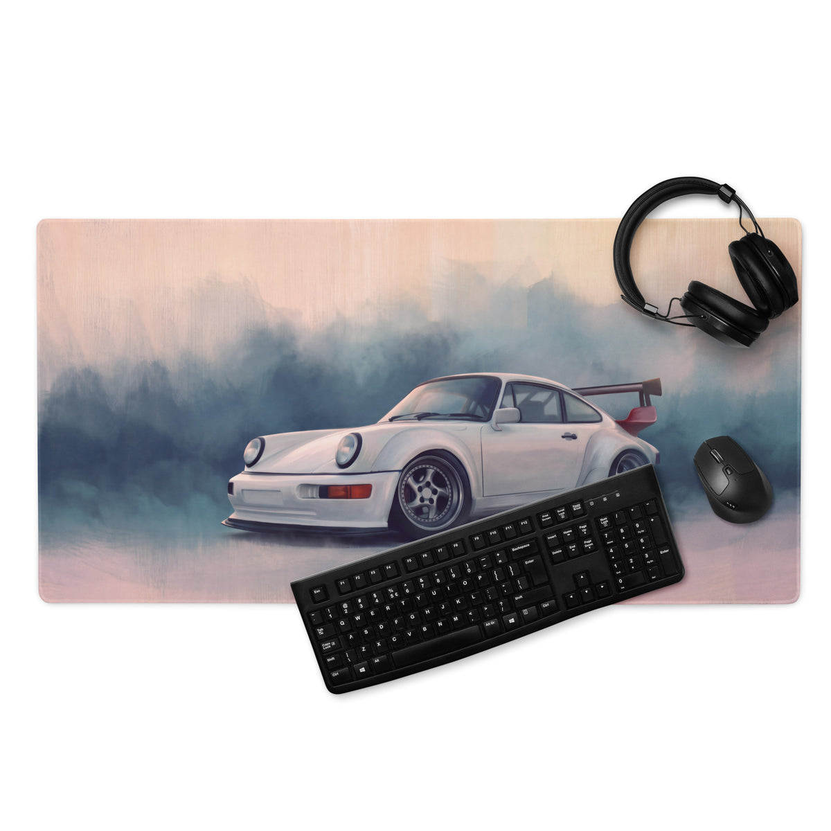 Porsche 911 Inspired White Widebody GT Wing Desk Mat – High-Precision XL Gaming Mousepad