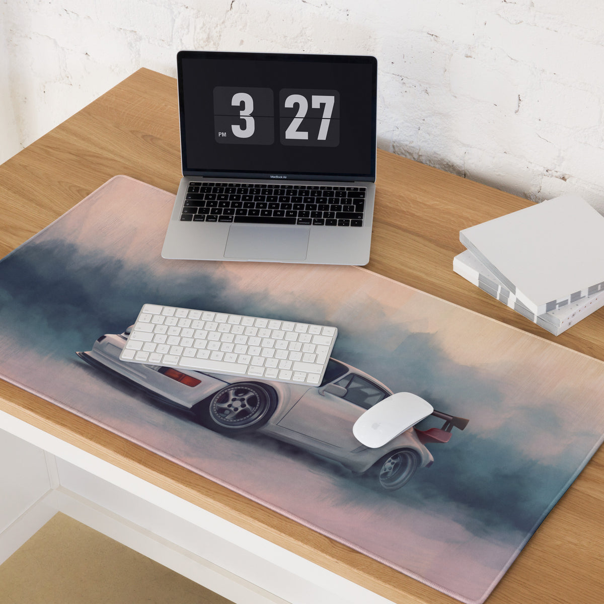 Porsche 911 Inspired White Widebody GT Wing Desk Mat – High-Precision XL Gaming Mousepad