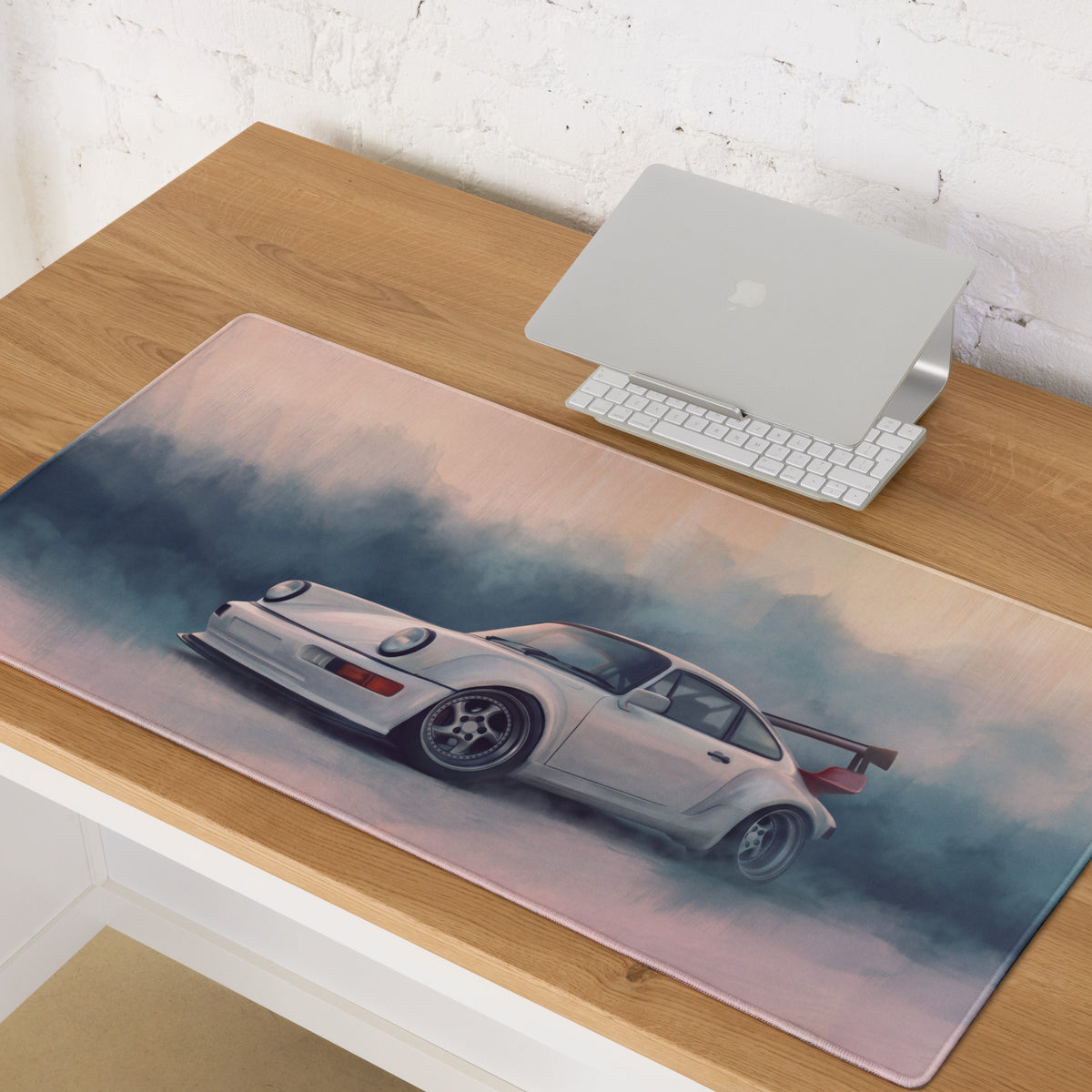 Porsche 911 Inspired White Widebody GT Wing Desk Mat – High-Precision XL Gaming Mousepad