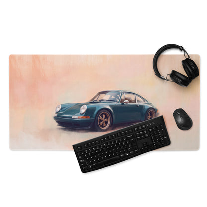 Porsche 911 Inspired Dark Green Restomod Gold Rim Desk Mat – Low-Friction Cloth Setup Mousepad