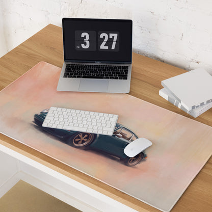 Porsche 911 Inspired Dark Green Restomod Gold Rim Desk Mat – Low-Friction Cloth Setup Mousepad