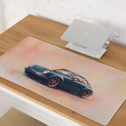 Porsche 911 Inspired Dark Green Restomod Gold Rim Desk Mat – Low-Friction Cloth Setup Mousepad