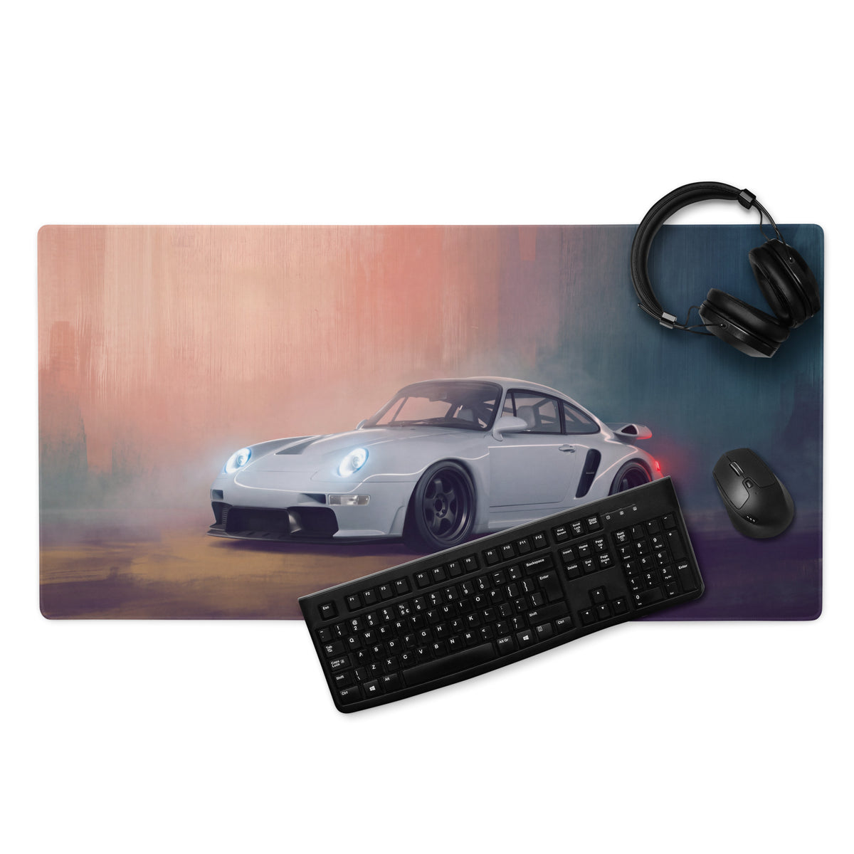 Porsche 911 Inspired Silver Widebody GT Wing Desk Pad – Extended Non-Slip PC Mouse Mat