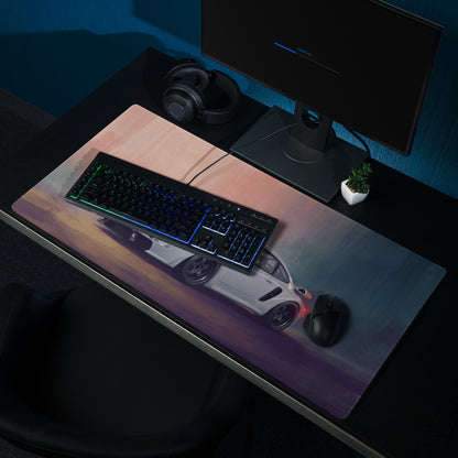 Porsche 911 Inspired Silver Widebody GT Wing Desk Pad – Extended Non-Slip PC Mouse Mat