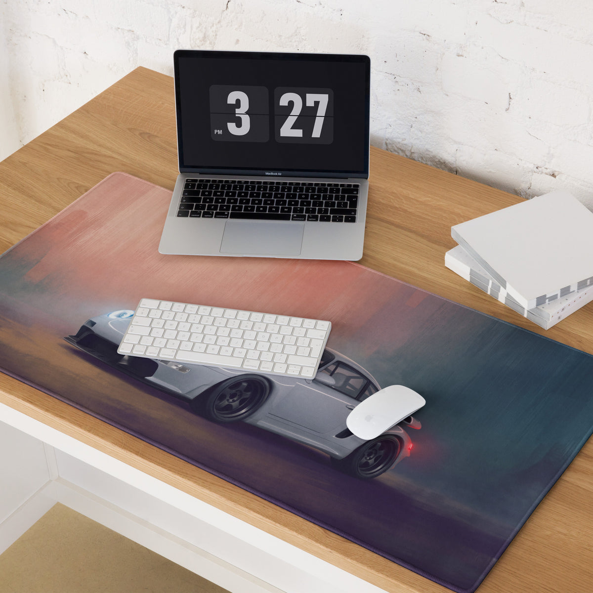 Porsche 911 Inspired Silver Widebody GT Wing Desk Pad – Extended Non-Slip PC Mouse Mat