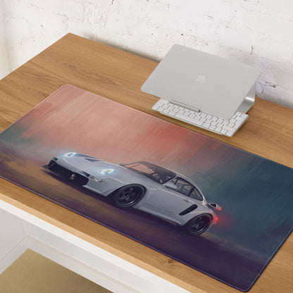 Porsche 911 Inspired Silver Widebody GT Wing Desk Pad – Extended Non-Slip PC Mouse Mat