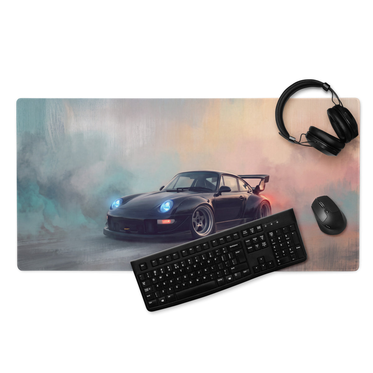 Porsche 911 Inspired Gloss Black Widebody GT Wing Desk Pad – Ultra-Glide Stitched Edge Gaming Mouse Mat