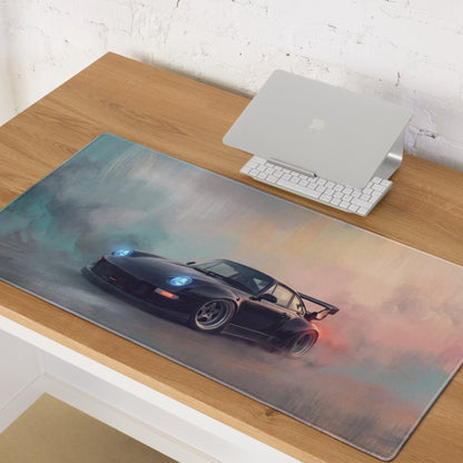 Porsche 911 Inspired Gloss Black Widebody GT Wing Desk Pad – Ultra-Glide Stitched Edge Gaming Mouse Mat