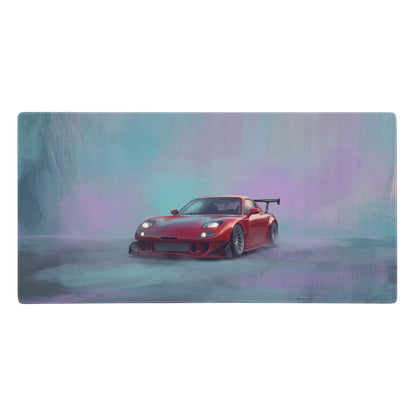 Red mazda rx-7 sports car with black rear spoiler on a vintage red widebody gt wing extended non-slip desk pad