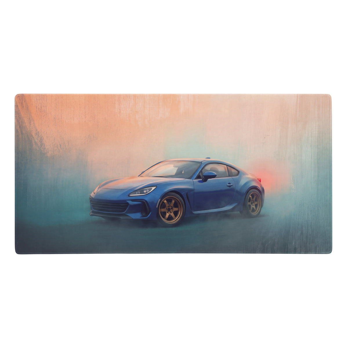 Subaru BRZ inspired blue sports car with gold rims printed on a rectangular wooden non-slip gaming mousepad
