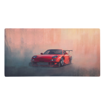 Red mazda rx-7 inspired vintage red re amemiya fd desk pad with ultra-glide stitched edge and dynamic drift design