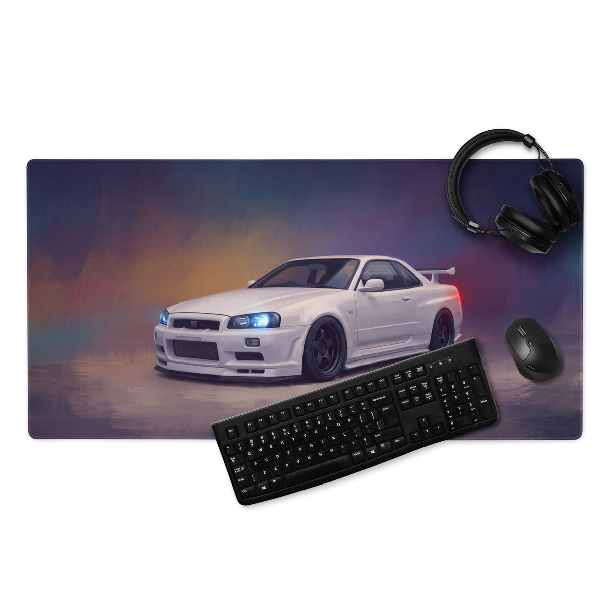 Nissan Skyline Inspired Pearl White R34 GT-R Desk Pad – Ultra-Glide Stitched Edge Gaming Mouse Mat