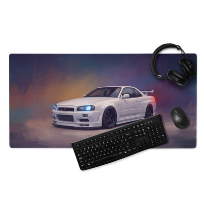 Nissan Skyline Inspired Pearl White R34 GT-R Desk Pad – Ultra-Glide Stitched Edge Gaming Mouse Mat