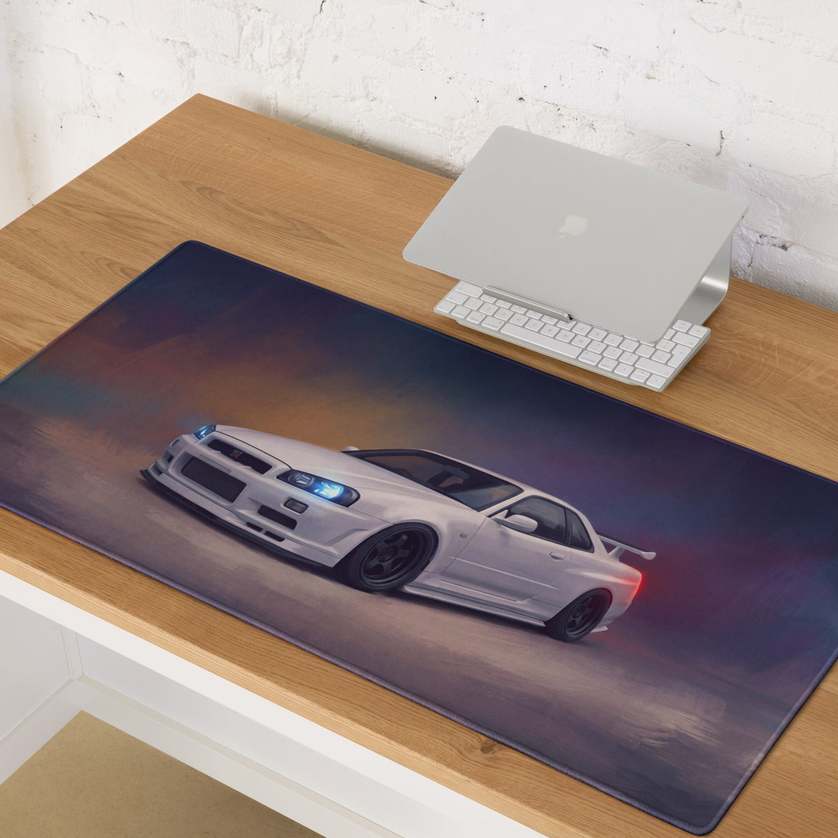 Nissan Skyline Inspired Pearl White R34 GT-R Desk Pad – Ultra-Glide Stitched Edge Gaming Mouse Mat
