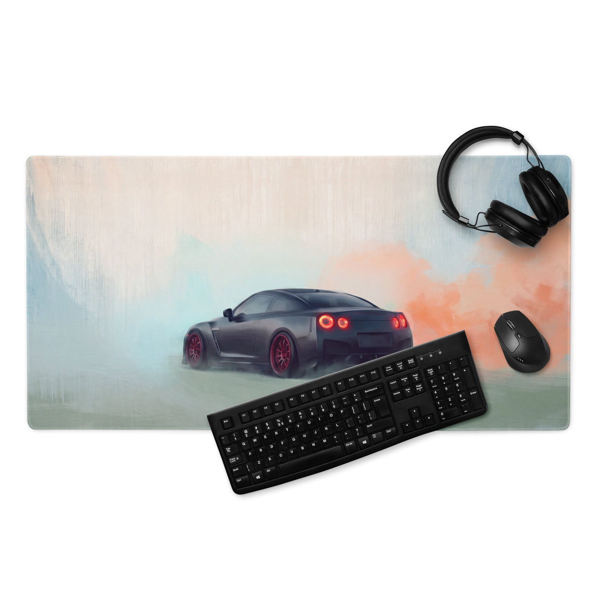 Nissan GT-R Inspired Matte Black Crimson Rim Desk Mat – High-Precision XL Gaming Mousepad