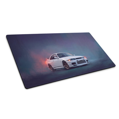 Nissan Skyline Inspired Pure White R33 GT-R Desk Pad – Ultra-Glide Stitched Edge Gaming Mouse Mat