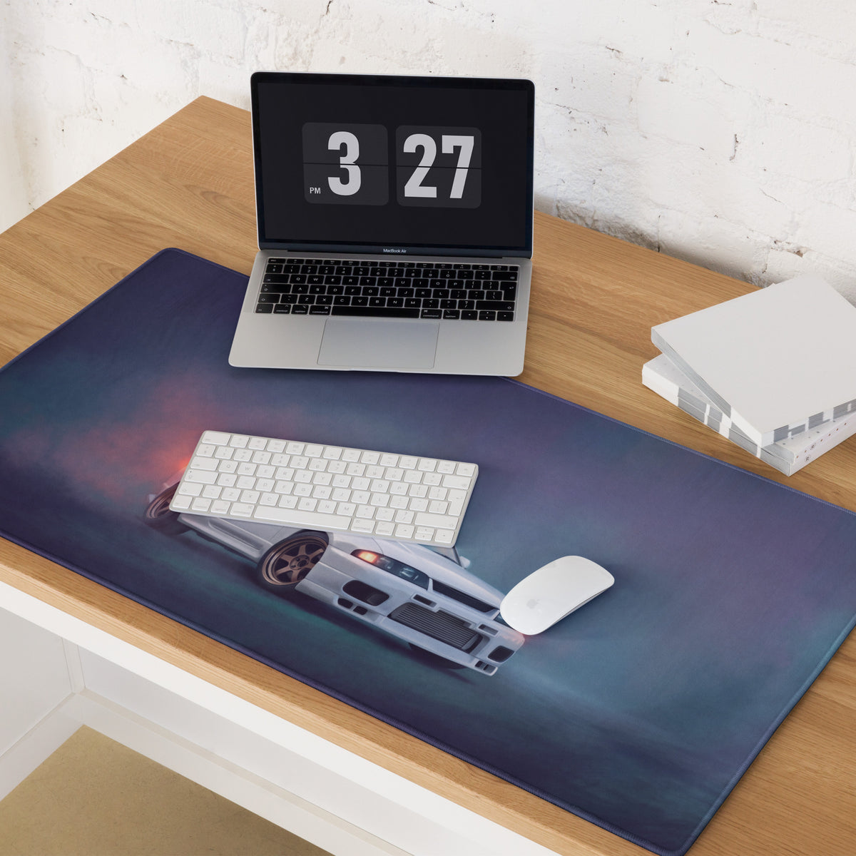 Nissan Skyline Inspired Pure White R33 GT-R Desk Pad – Ultra-Glide Stitched Edge Gaming Mouse Mat