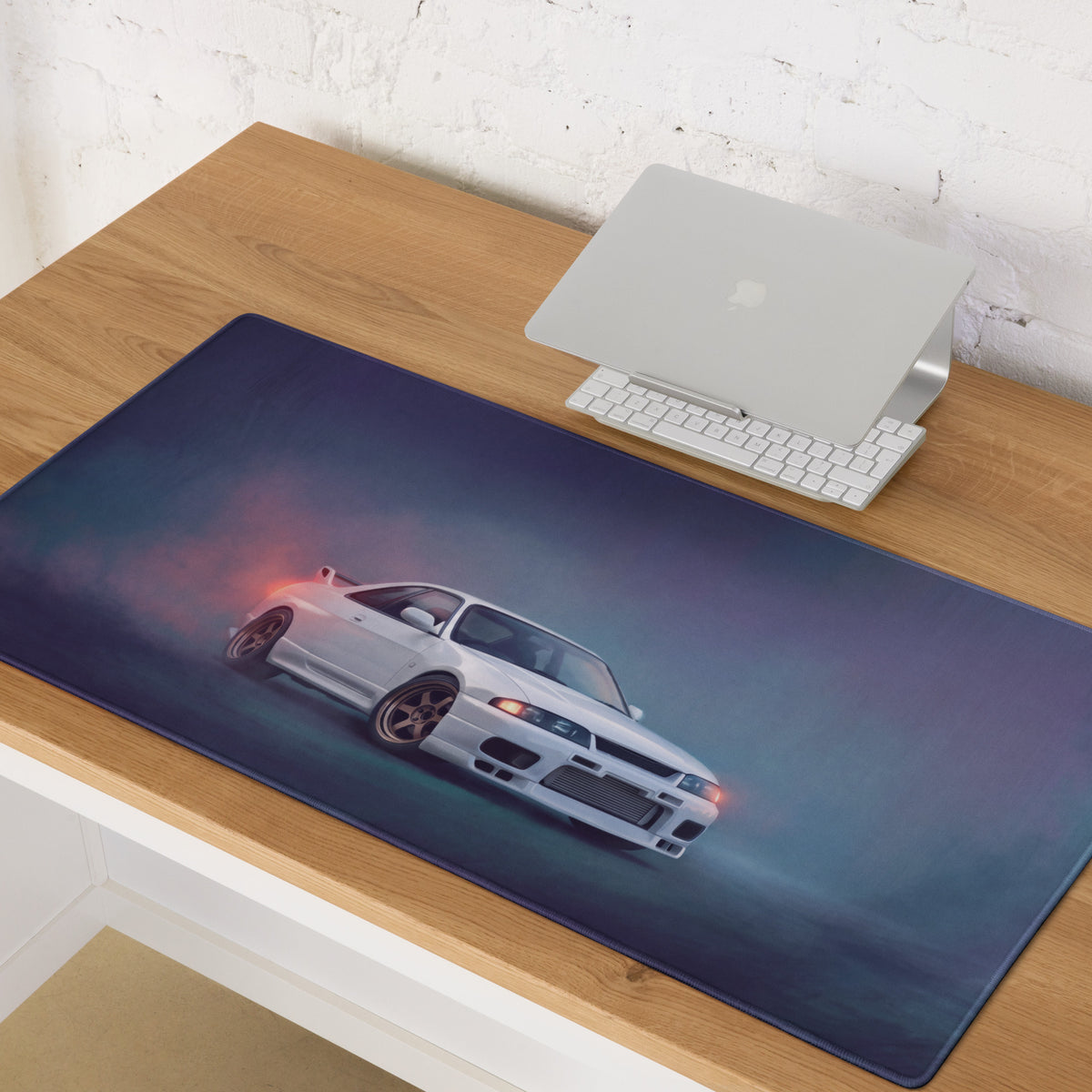 Nissan Skyline Inspired Pure White R33 GT-R Desk Pad – Ultra-Glide Stitched Edge Gaming Mouse Mat
