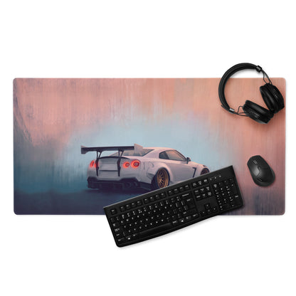 Nissan GT-R Inspired Pearl White Gold Rim Desk Mat – High-Precision XL Gaming Mousepad