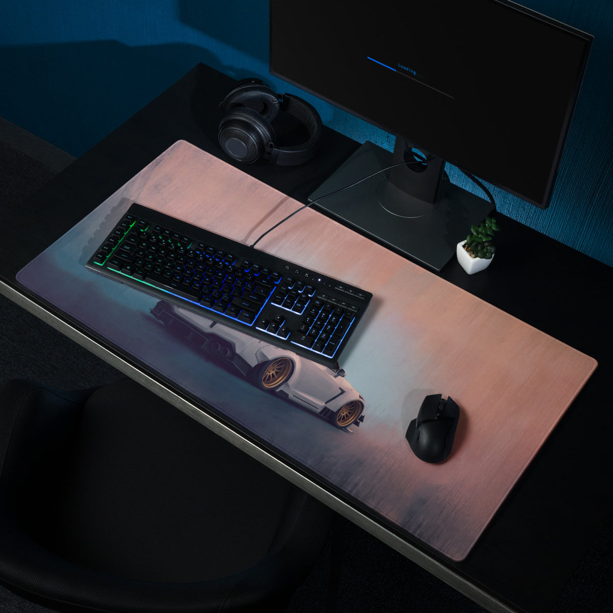 Nissan GT-R Inspired Pearl White Gold Rim Desk Mat – High-Precision XL Gaming Mousepad