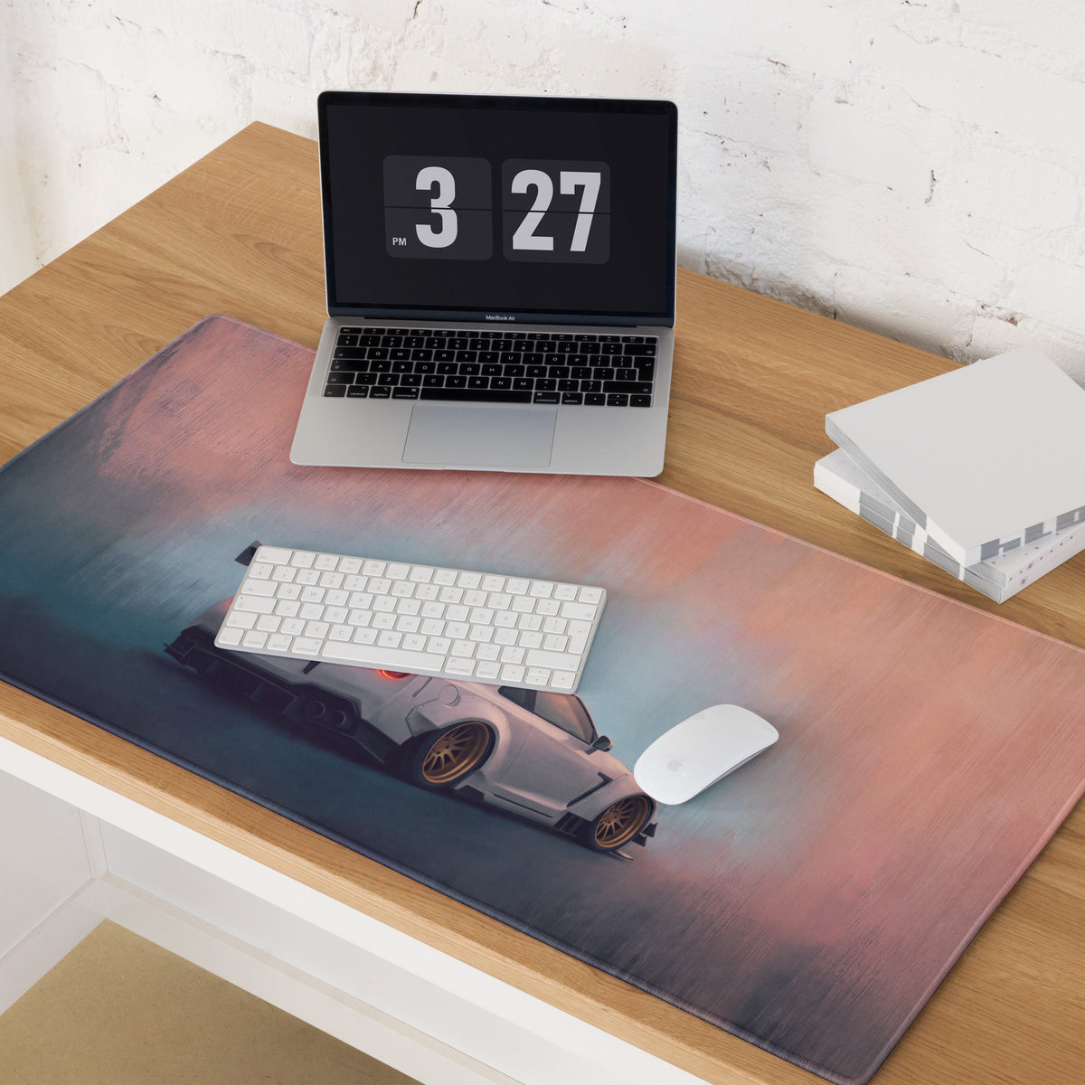 Nissan GT-R Inspired Pearl White Gold Rim Desk Mat – High-Precision XL Gaming Mousepad