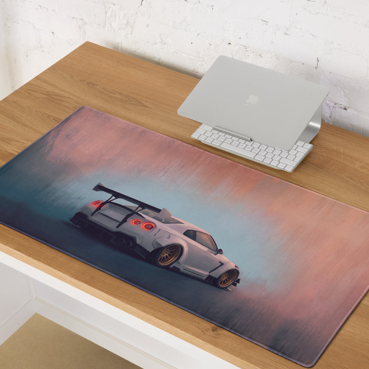 Nissan GT-R Inspired Pearl White Gold Rim Desk Mat – High-Precision XL Gaming Mousepad