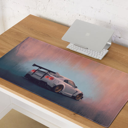 Nissan GT-R Inspired Pearl White Gold Rim Desk Mat – High-Precision XL Gaming Mousepad