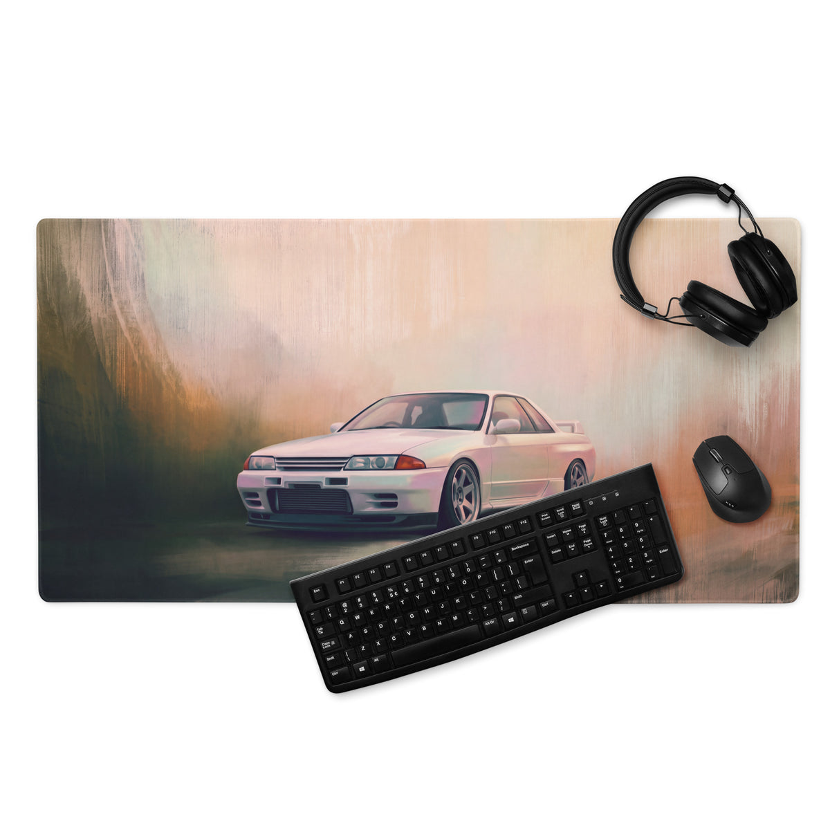 Nissan Skyline Inspired Pearl White R32 GT-R Desk Pad – Ultra-Glide Stitched Edge Gaming Mouse Mat