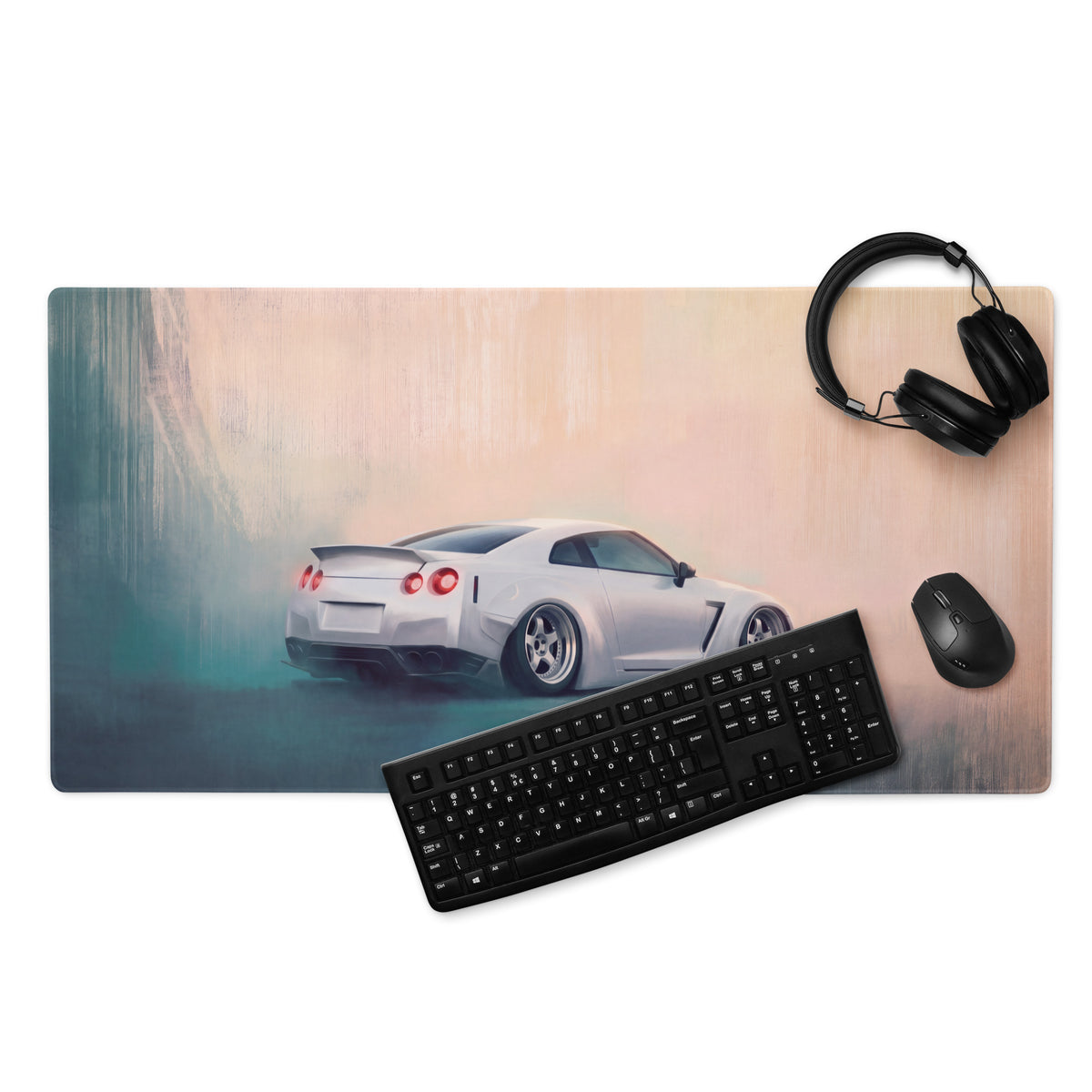 Nissan GT-R Inspired Pearl White Stance Desk Mat – Low-Friction Cloth Setup Mousepad