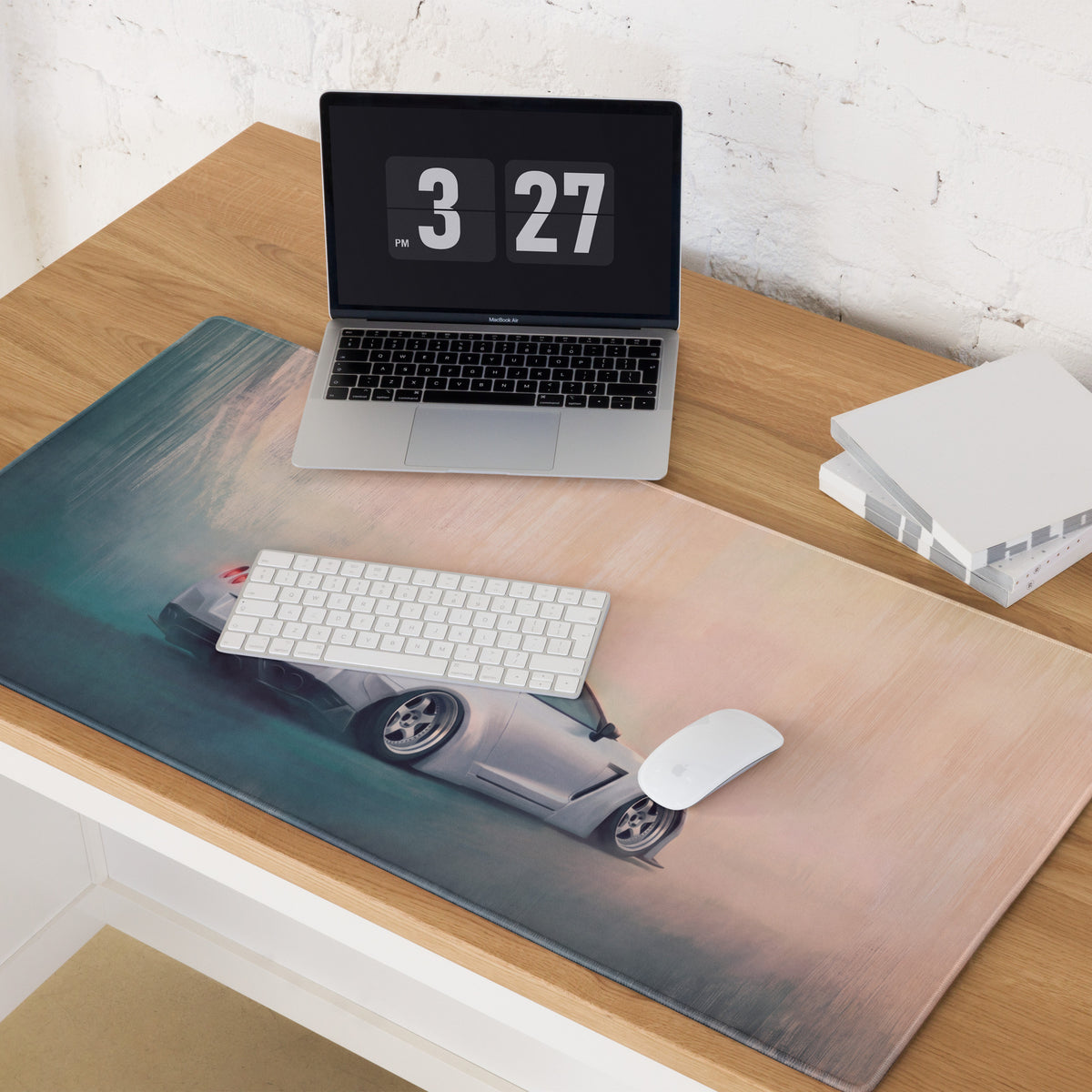 Nissan GT-R Inspired Pearl White Stance Desk Mat – Low-Friction Cloth Setup Mousepad