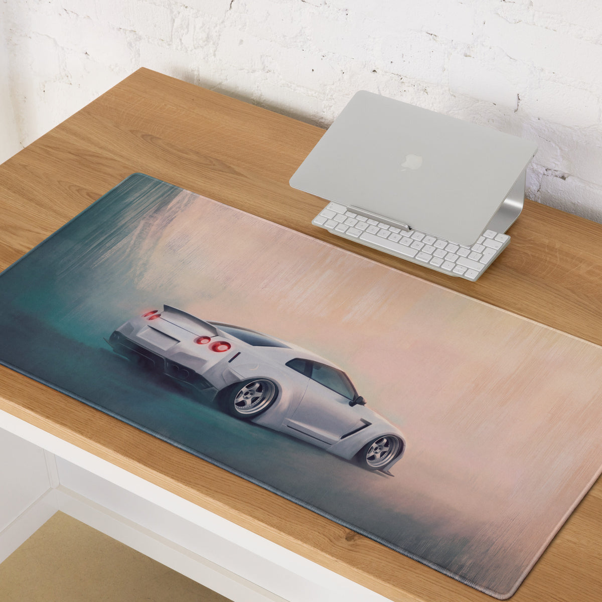 Nissan GT-R Inspired Pearl White Stance Desk Mat – Low-Friction Cloth Setup Mousepad