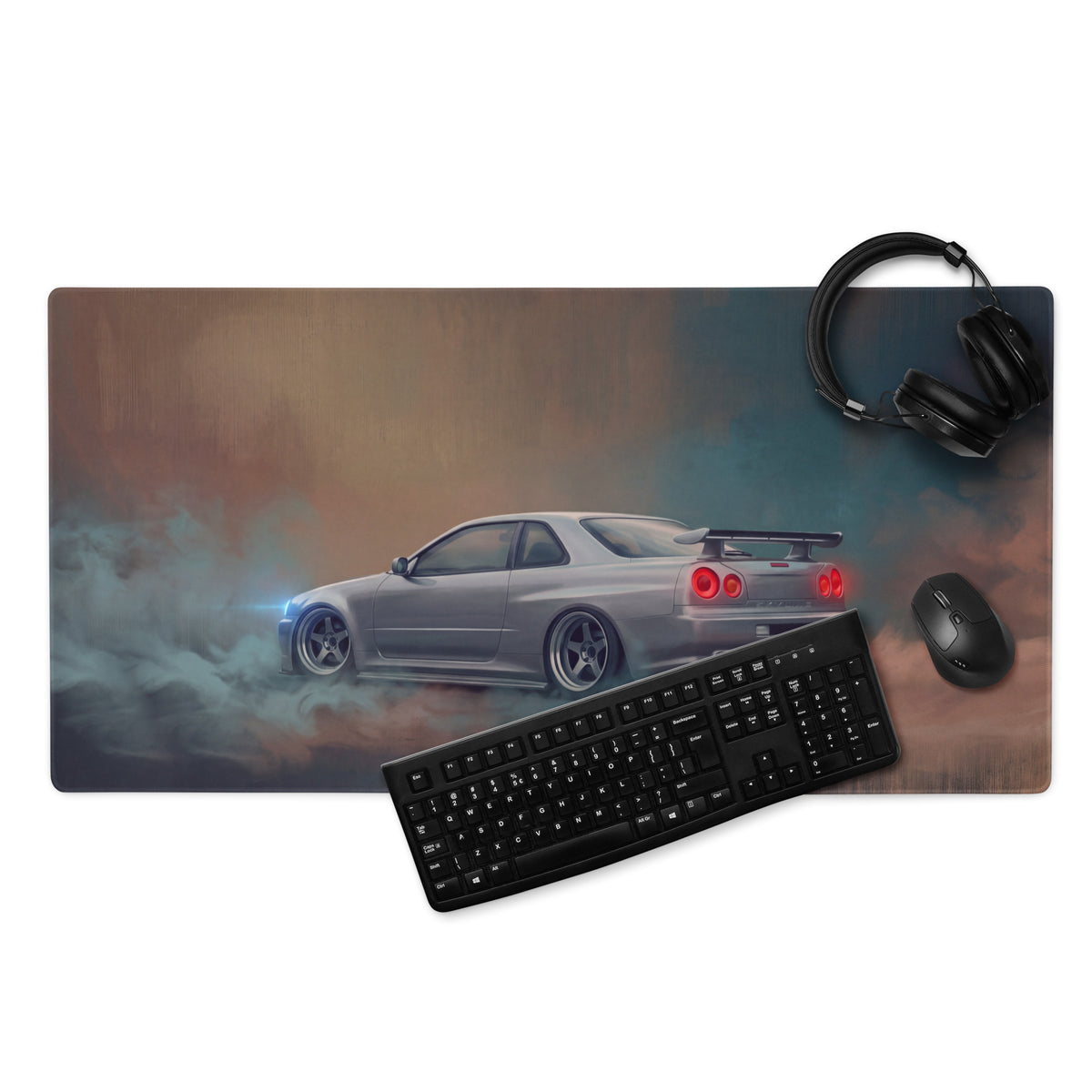 Nissan Skyline Inspired Sparkling Silver R34 GT-R Desk Pad – Ultra-Glide Stitched Edge Gaming Mouse Mat