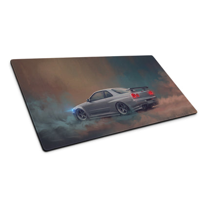Nissan Skyline Inspired Sparkling Silver R34 GT-R Desk Pad – Ultra-Glide Stitched Edge Gaming Mouse Mat