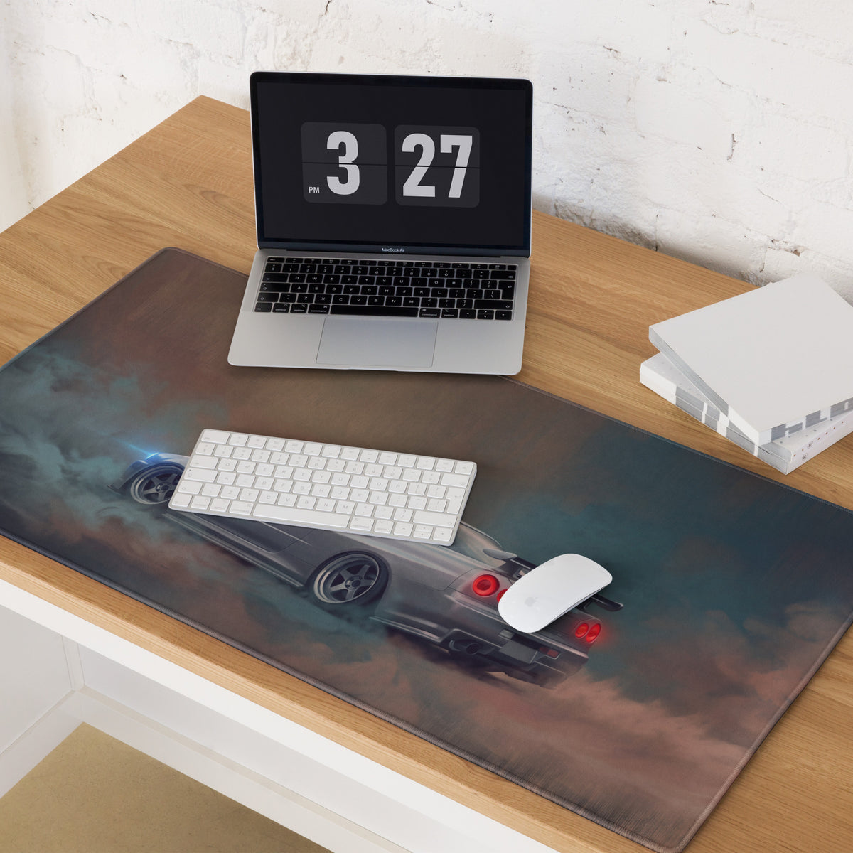 Nissan Skyline Inspired Sparkling Silver R34 GT-R Desk Pad – Ultra-Glide Stitched Edge Gaming Mouse Mat