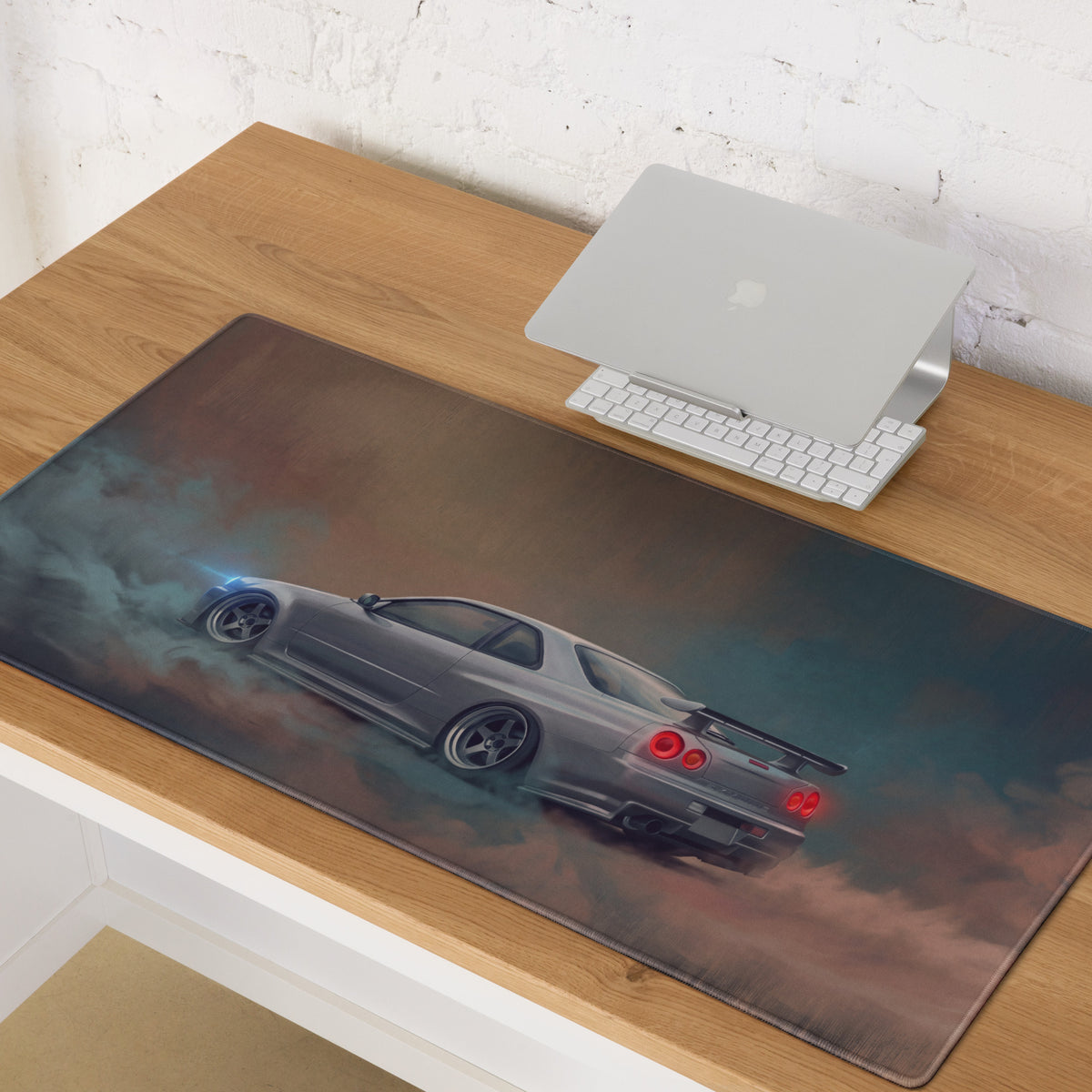 Nissan Skyline Inspired Sparkling Silver R34 GT-R Desk Pad – Ultra-Glide Stitched Edge Gaming Mouse Mat