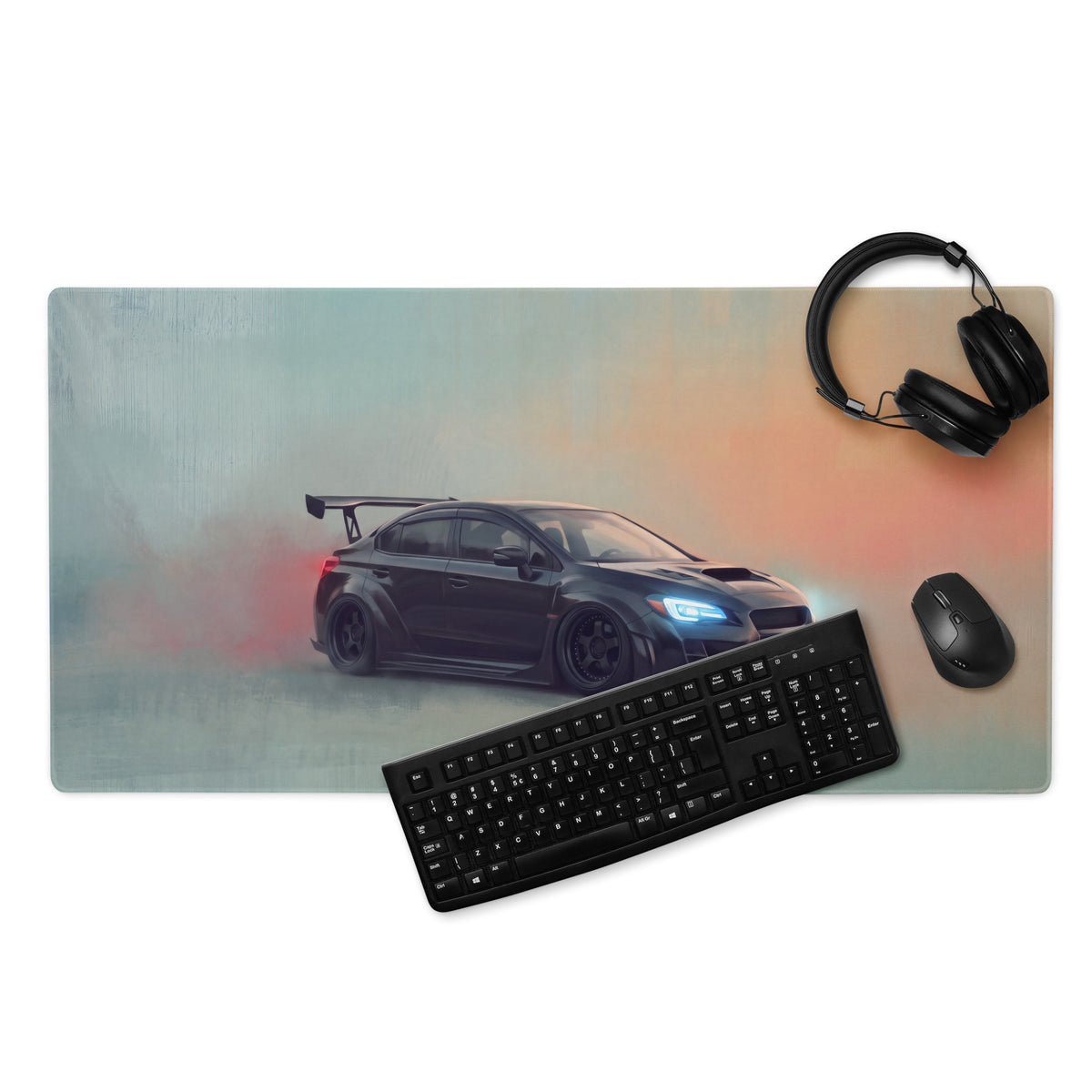 Subaru WRX STI Inspired Crystal Black Widebody Desk Mat – Low-Friction Cloth Setup Mousepad