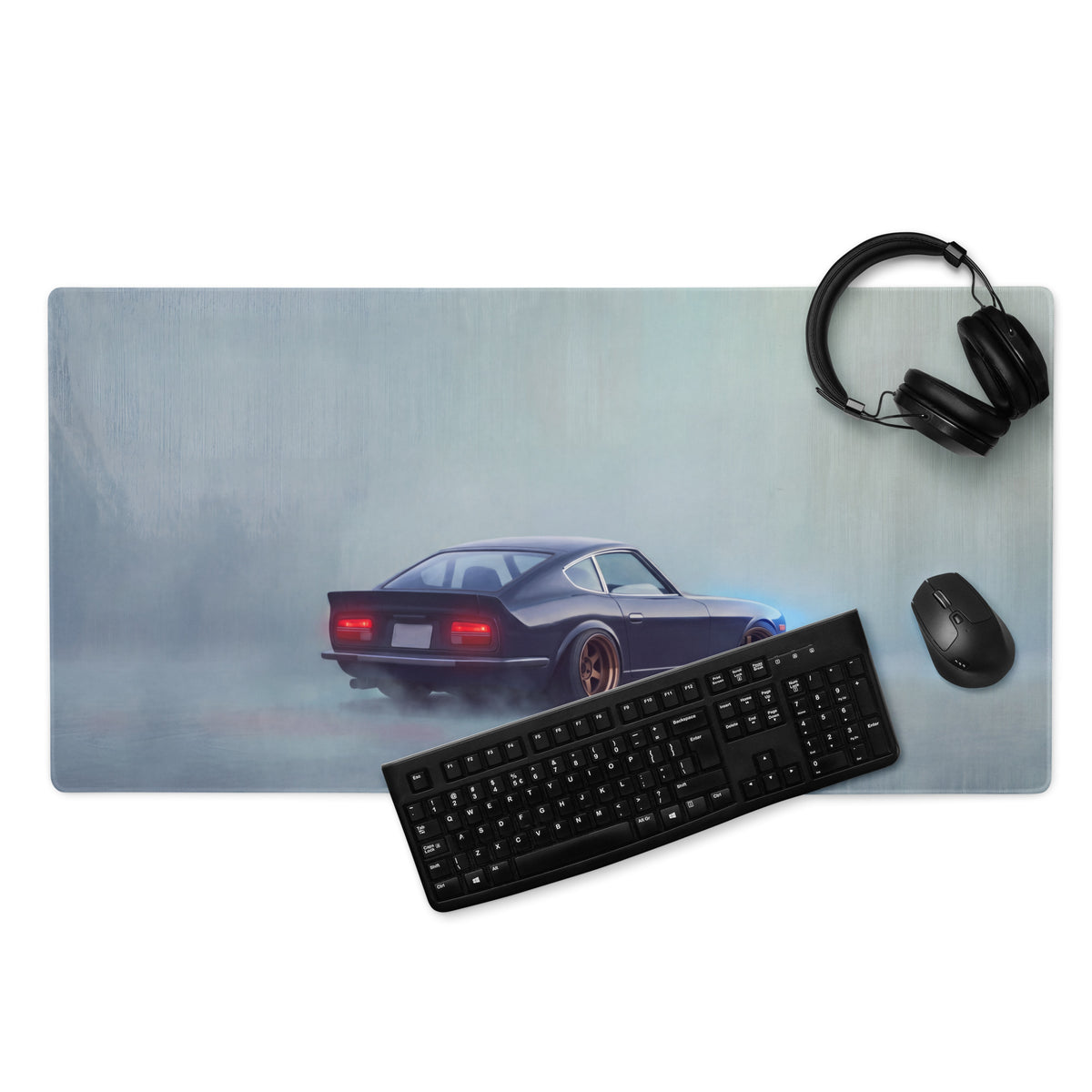 Datsun 240Z Inspired Midnight Blue Bronze Rim Desk Mat – Low-Friction Cloth Setup Mousepad