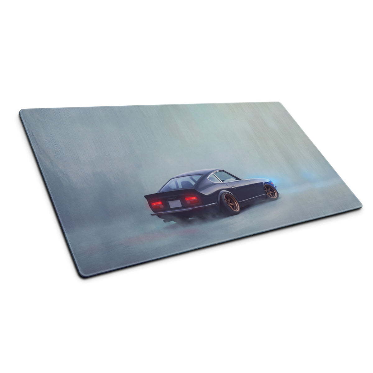 Datsun 240Z Inspired Midnight Blue Bronze Rim Desk Mat – Low-Friction Cloth Setup Mousepad