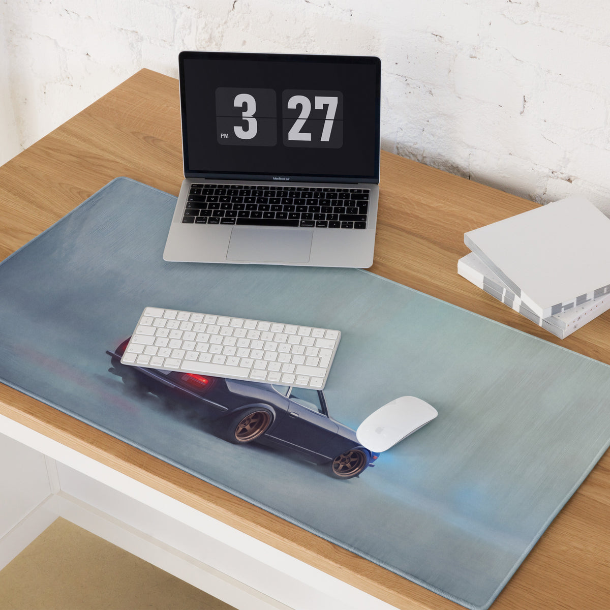 Datsun 240Z Inspired Midnight Blue Bronze Rim Desk Mat – Low-Friction Cloth Setup Mousepad