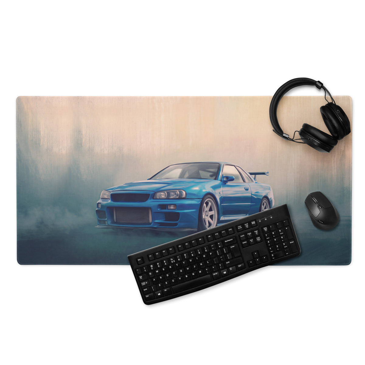 Nissan Skyline Inspired Bayside Blue White Rim R34 GT-R Desk Mat – High-Precision XL Gaming Mousepad